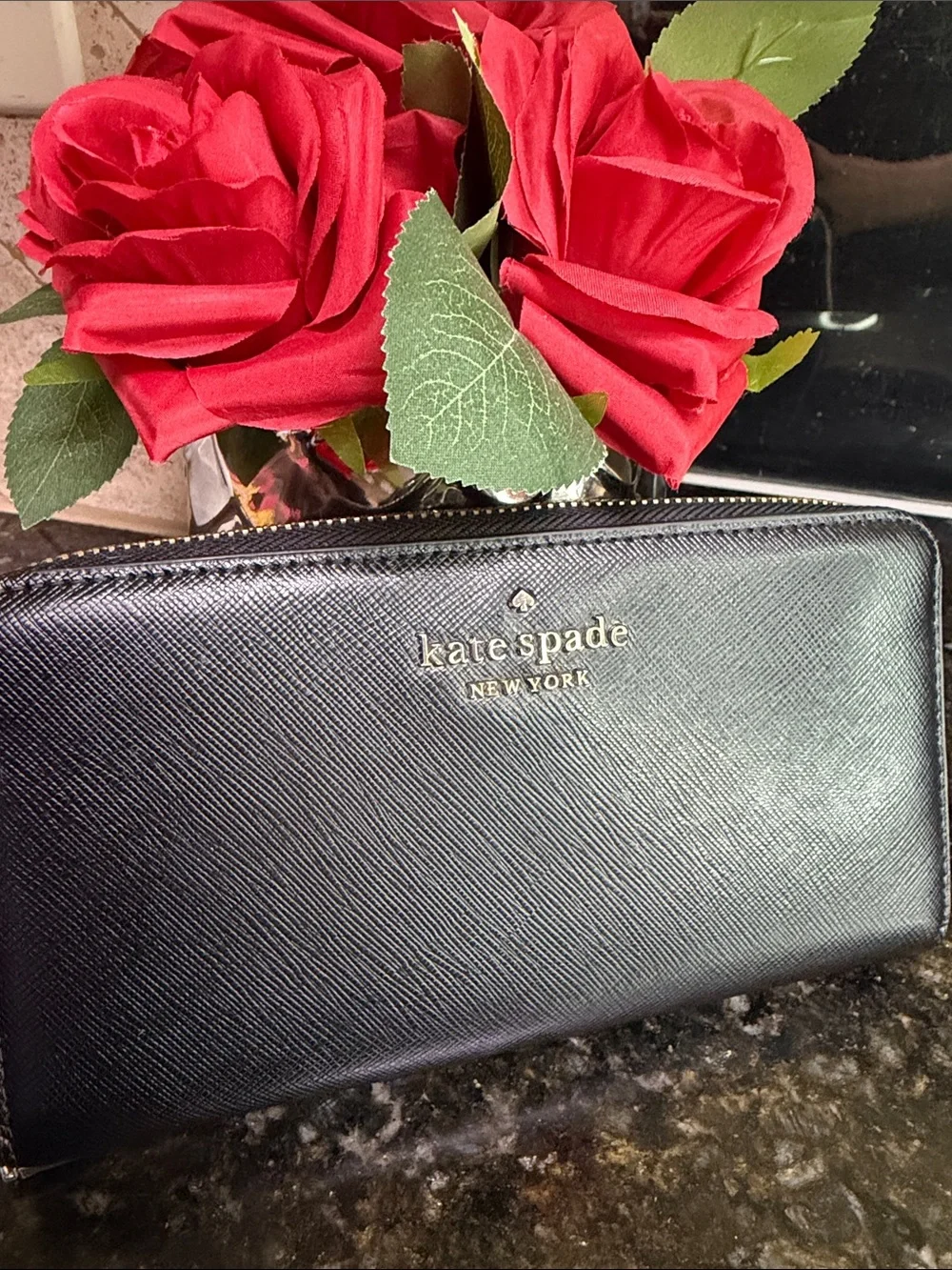 kate spade Black Zip Around Saffiano Leather Wallet